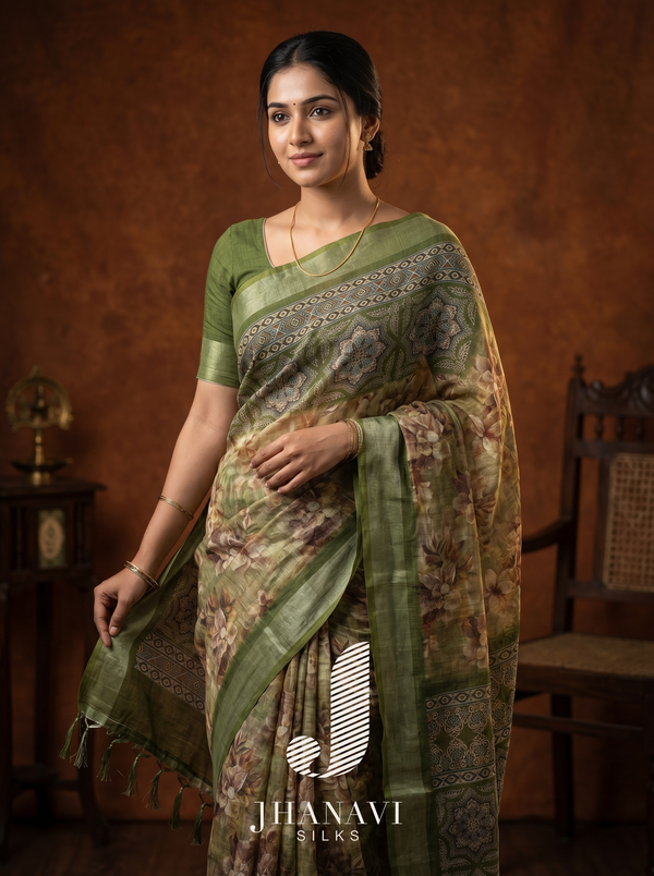 Linen Saree – Libas green printed