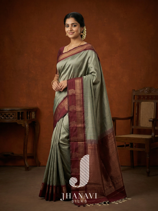 Kanchipuram Silk Saree – Ivory Green & Maroon