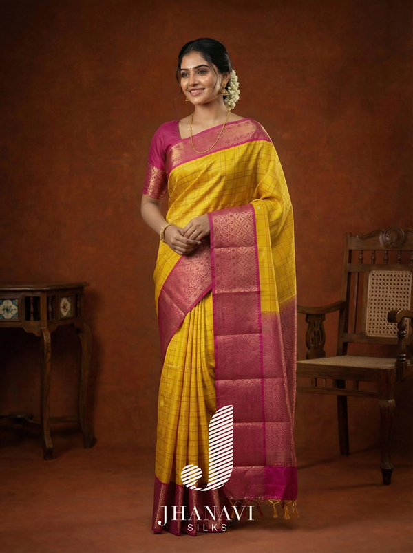 Kanchipuram Silk Saree – Yellow & Pink Border