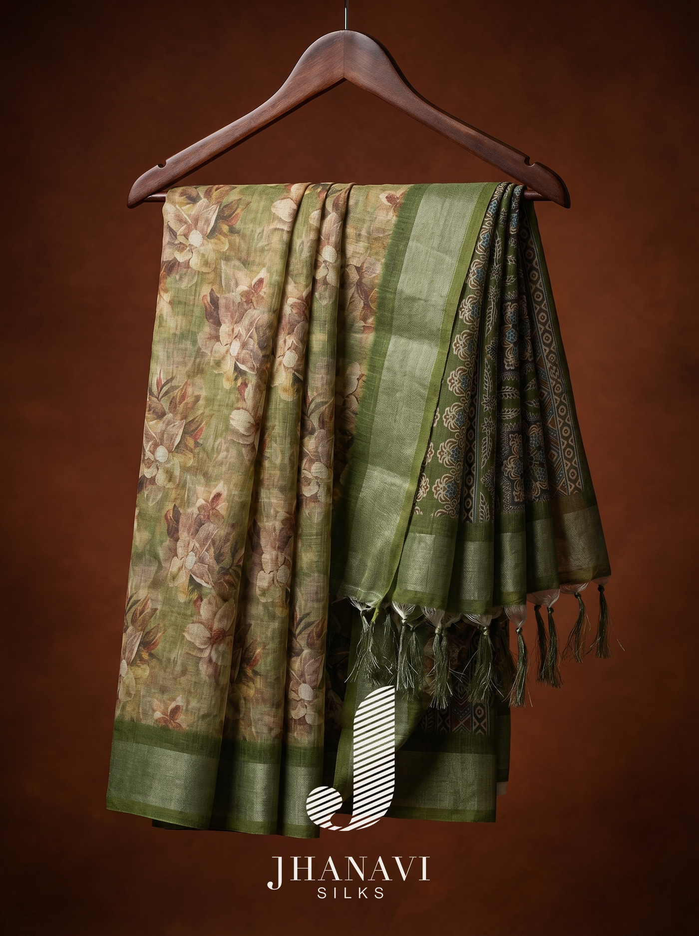 Linen Saree – Libas green printed