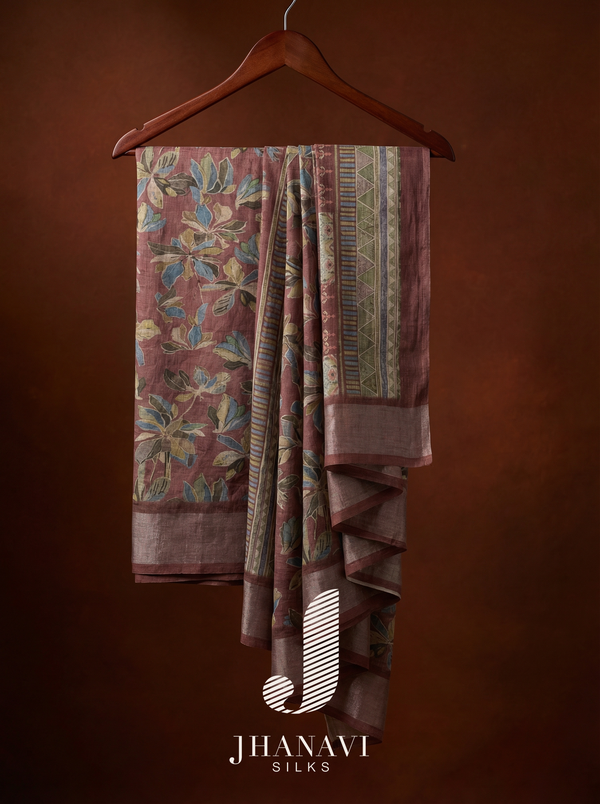 Linen Saree – Maroon floral printed