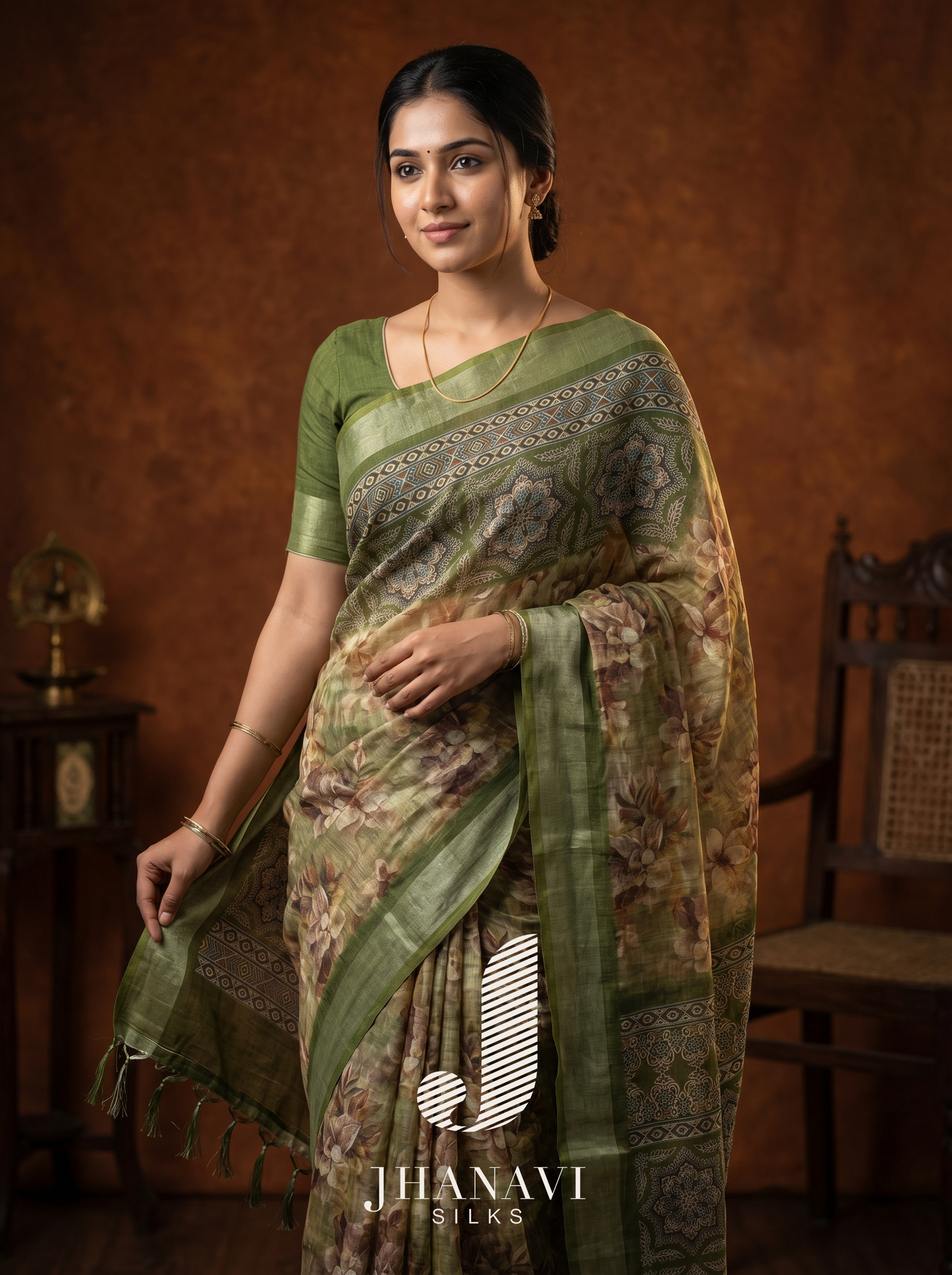 Linen Saree – Libas green printed