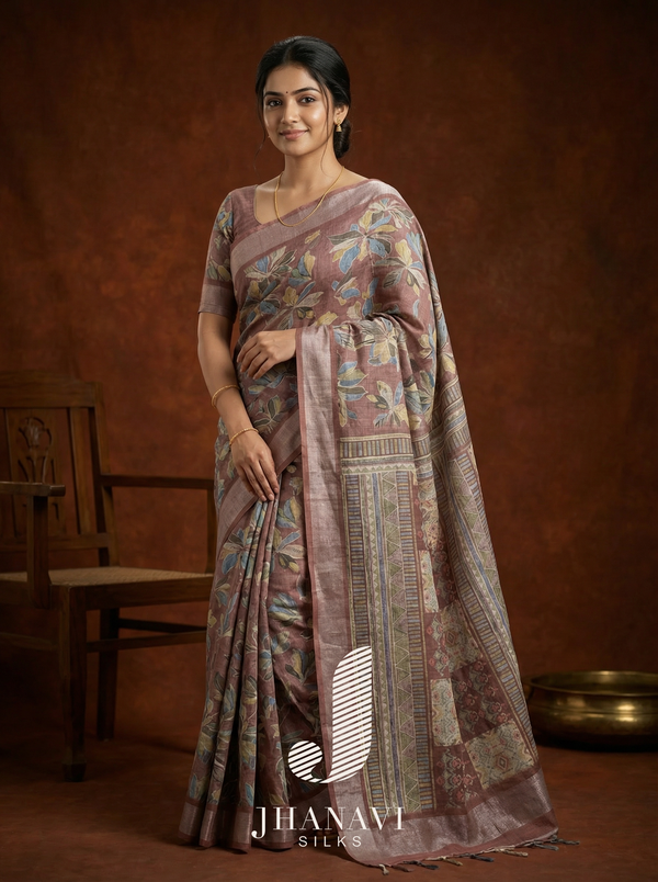 Linen Saree – Maroon floral printed