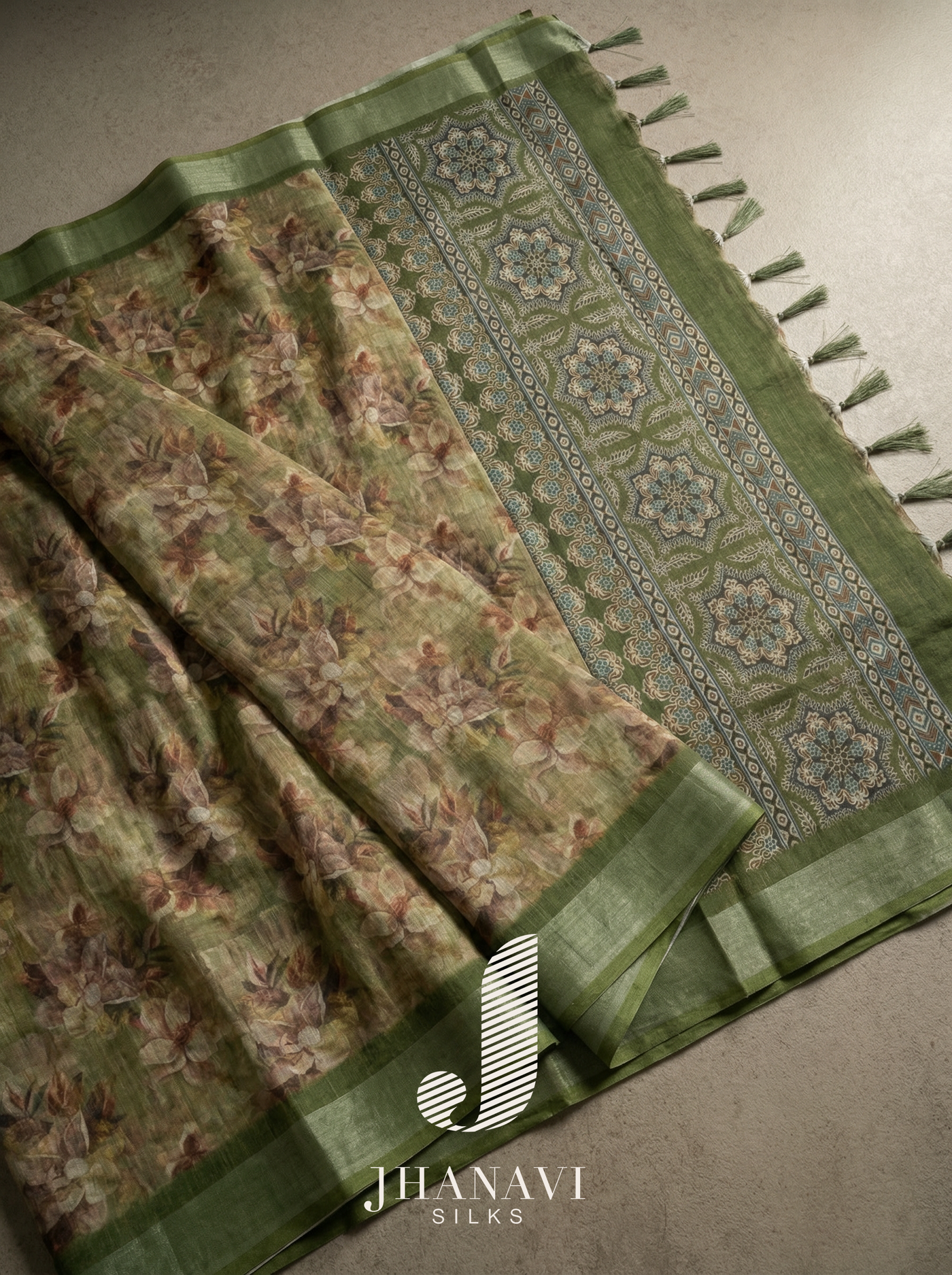 Linen Saree – Libas green printed
