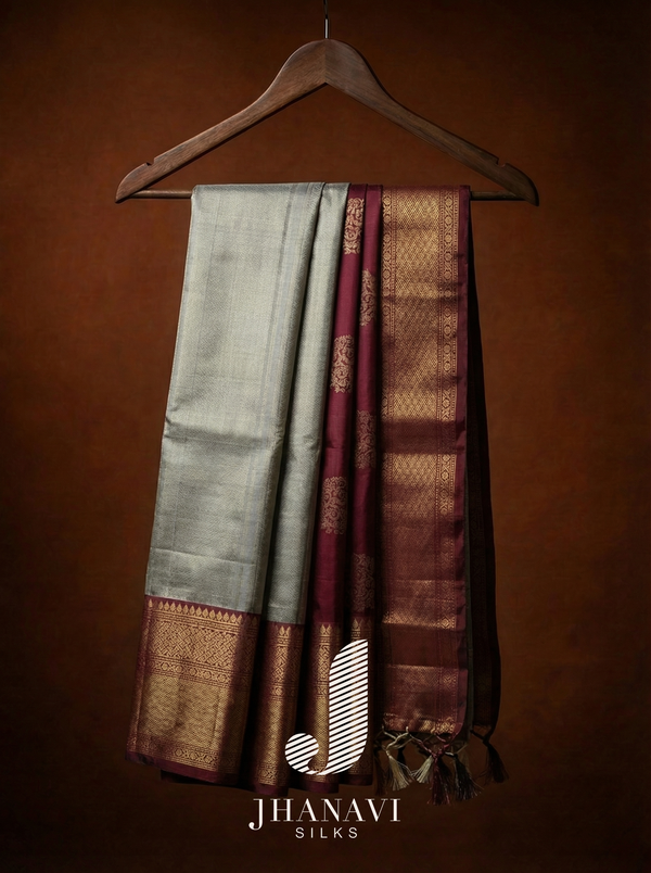 Kanchipuram Silk Saree – Ivory Green & Maroon