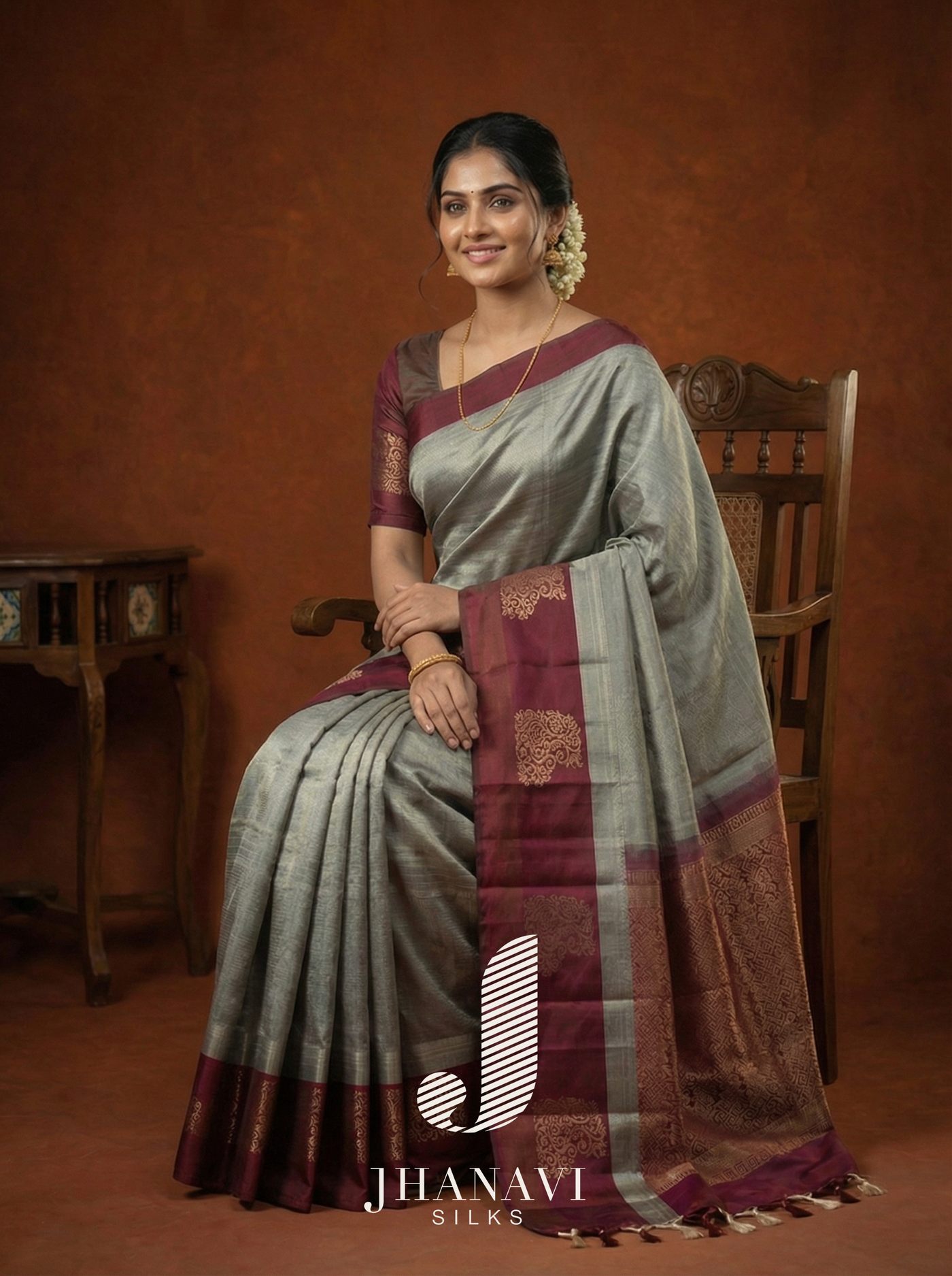 Kanchipuram Silk Saree – Ivory Green & Maroon