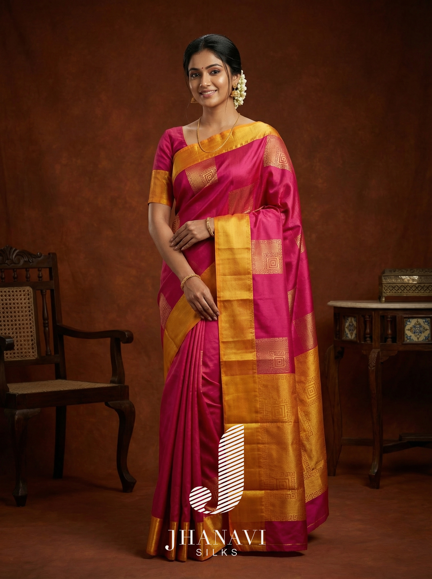 Kanchipuram Silk Saree – Pink & Orange