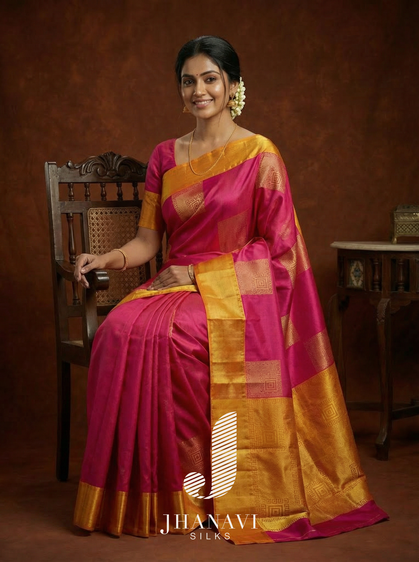 Kanchipuram Silk Saree – Pink & Orange