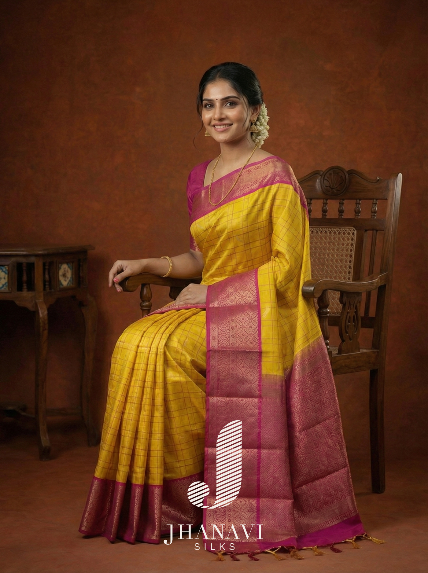 Kanchipuram Silk Saree – Yellow & Pink Border