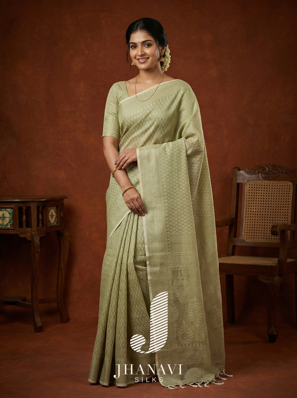 Designer Cotton Saree – Apple Green